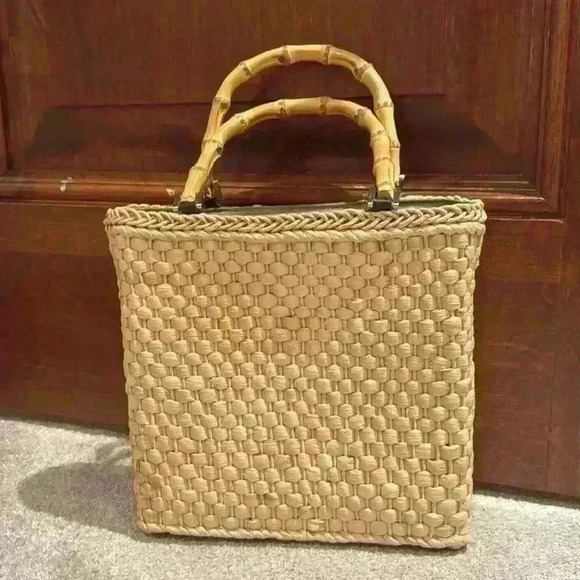 Eddie Bauer Weaved Wicker Purse With Bamboo Handles - Picture 1 of 6